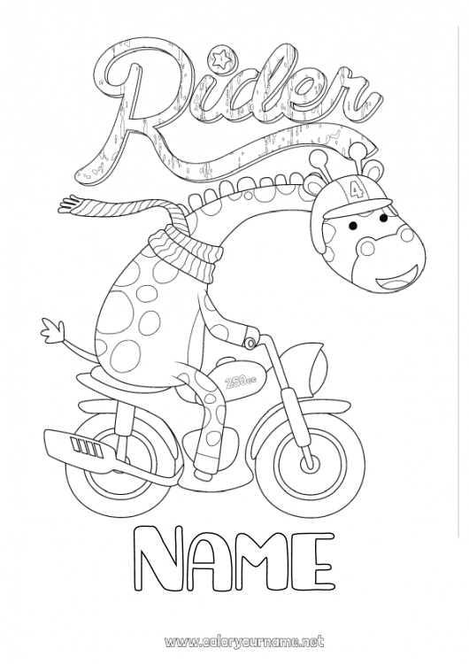 Coloring page to print Giraffe Vehicles Animal Scooter Wild animals of Africa Two-wheeled vehicles