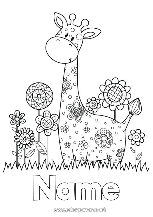 Coloring page to print Flowers Giraffe Spring Animal Wild animals of Africa