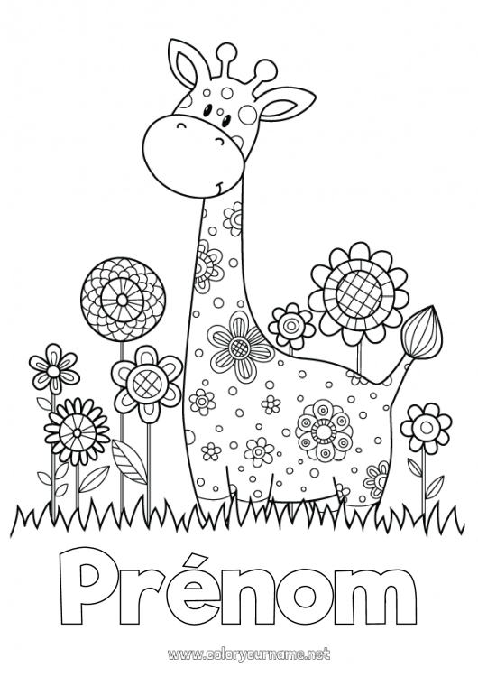 Coloriage à imprimer Fleurs Girafe Printemps Animal Animaux sauvages d'Afrique