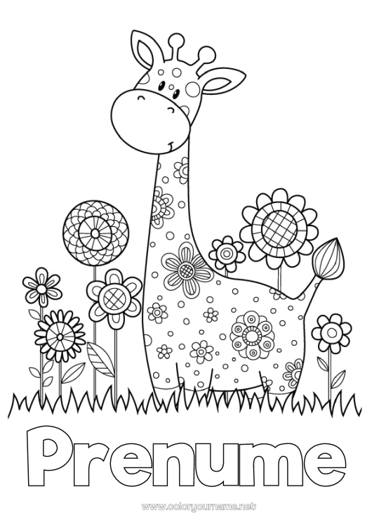 Pagină de colorat de imprimat Flori Girafă Primăvară Animal Animale sălbatice din Africa