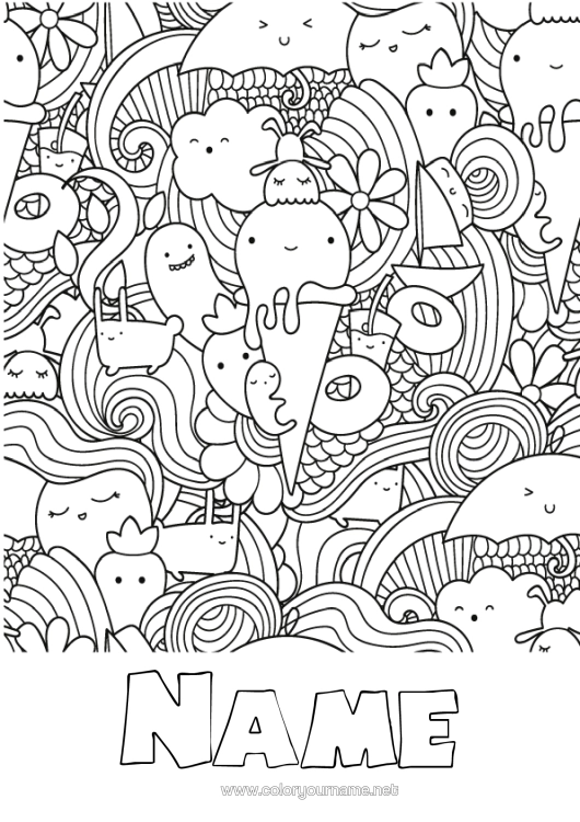 Colouring page to print Cute Cute Food Treats, Sweets Ice Cream