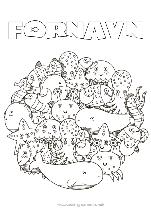 Farvelægningssiden til udskrivning Mandala Kawaii Hval Meduse Hav Dyr Fisk Hippocampus Krabbe Komplekse farvelægninger Havdyr eller vandlevende dyr Blæksprutte