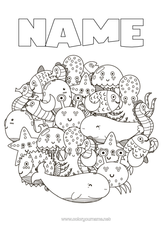 Colouring page to print Mandala Cute Whale Jellyfish Sea Animal Fish Seahorse Crab Complex Colouring Pages Marine Or Aquatic Animals Octopus