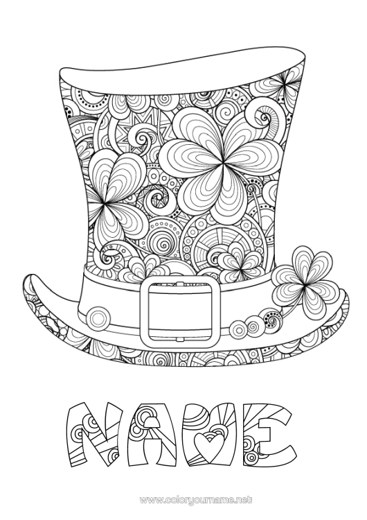 Colouring page to print Mandala Fortune Clover Ireland St Patrick's Day Hat Celtic