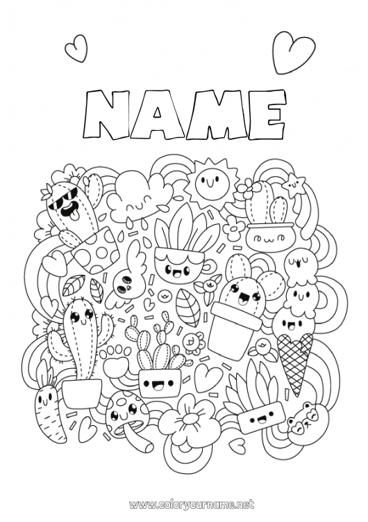 Coloring page to print Cute Kawaii Cactus