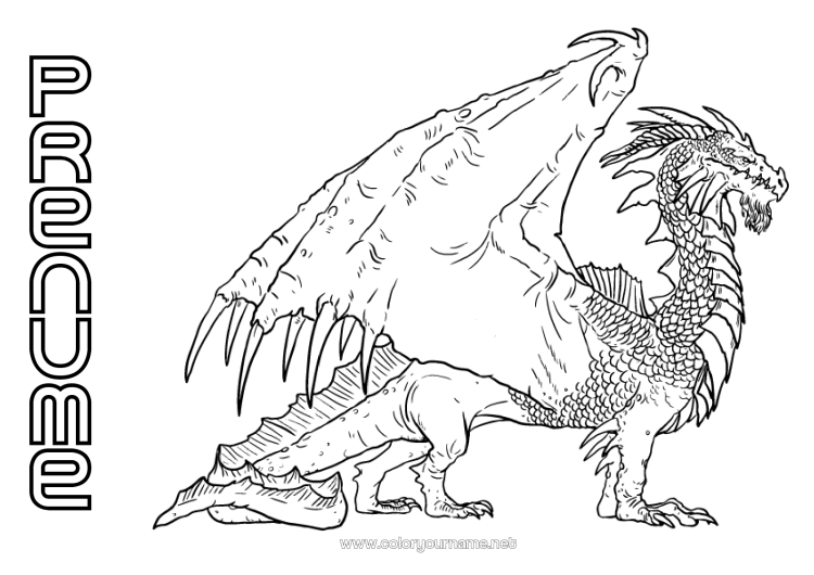 Pagină de colorat de imprimat Dragon Animal Fantastic Dragoni, unicorni și animale fantastice