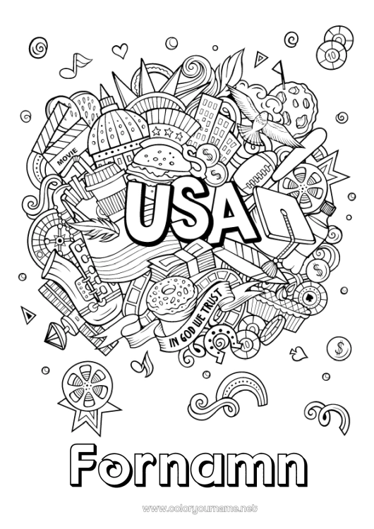 Färgläggningssida att skriva ut USA Geografi Komplexa målarbilder Land Hamburgare 4 juli