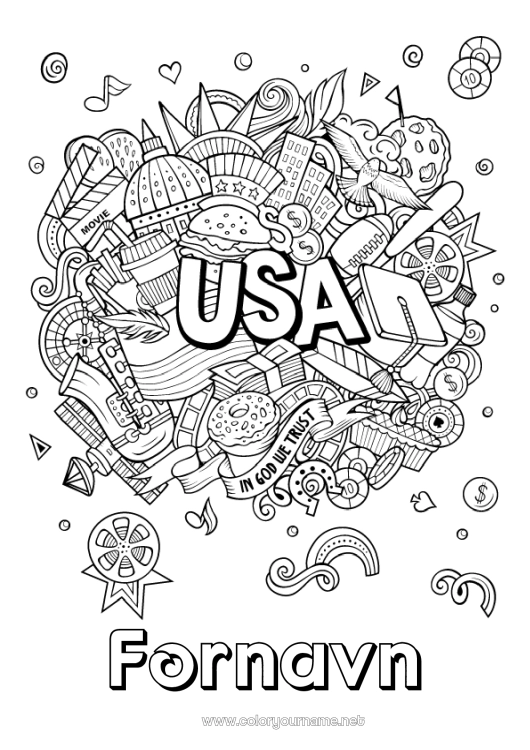 Fargeleggingssiden til utskrift USA Geografi Komplekse fargelegginger Land Hamburger 4. juli