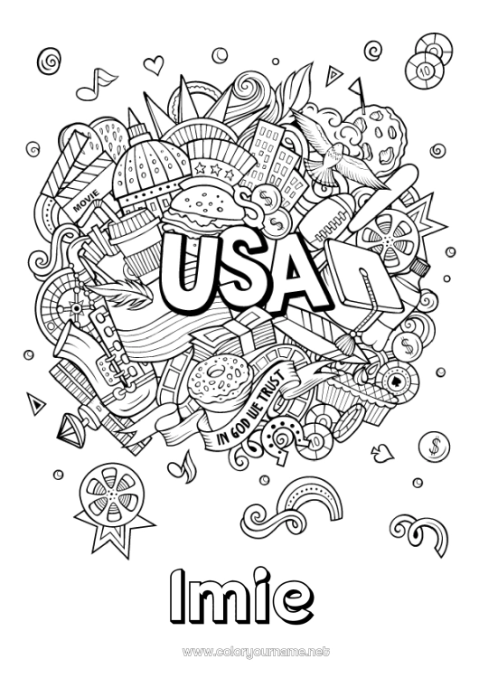 Kolorowanka do wydruku USA Geografia Złożone kolorowanki Kraj Hamburger 4 lipca