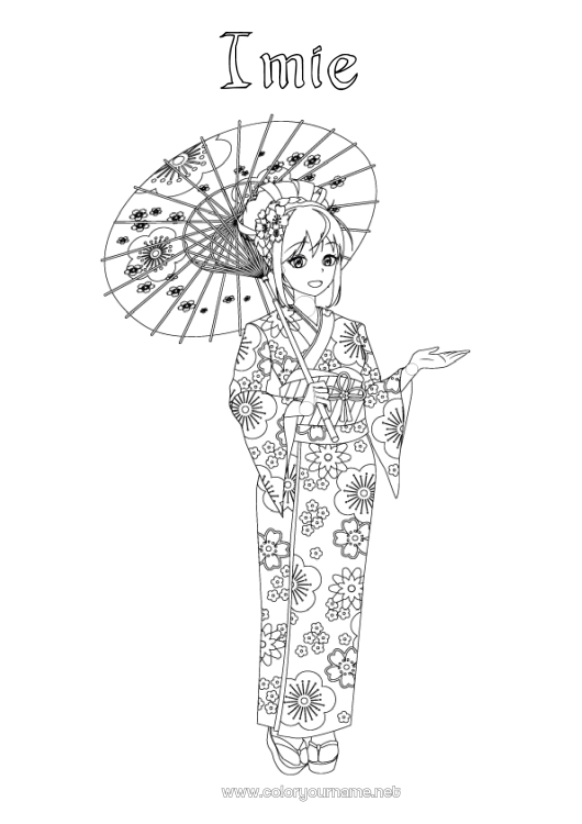 Kolorowanka do wydruku Japon Manga Kimono Złożone kolorowanki Kraj