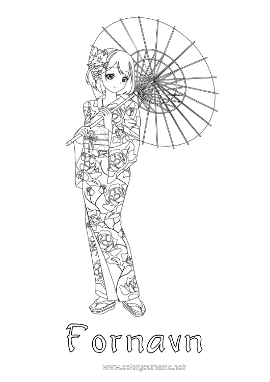 Farvelægningssiden til udskrivning Japan Manga Kimono Komplekse farvelægninger Land