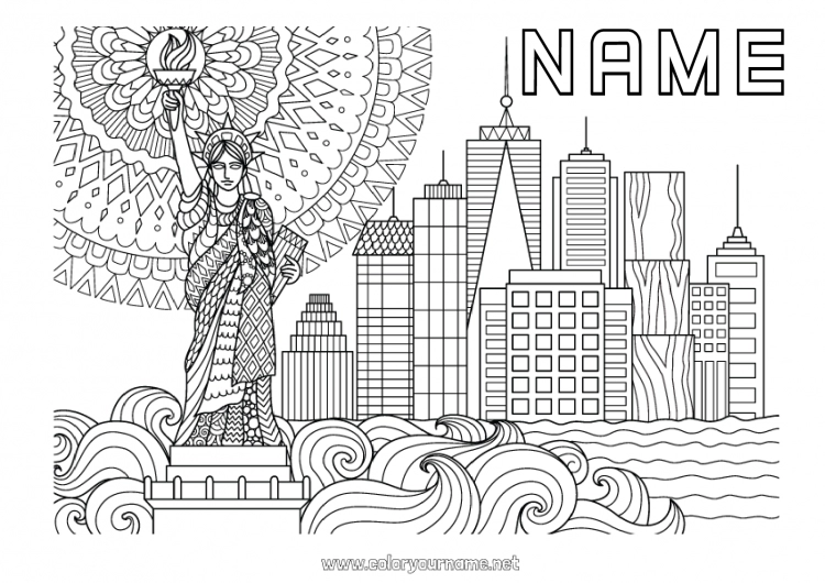 Coloring page to print Mandala USA Statue of Liberty Country Monument