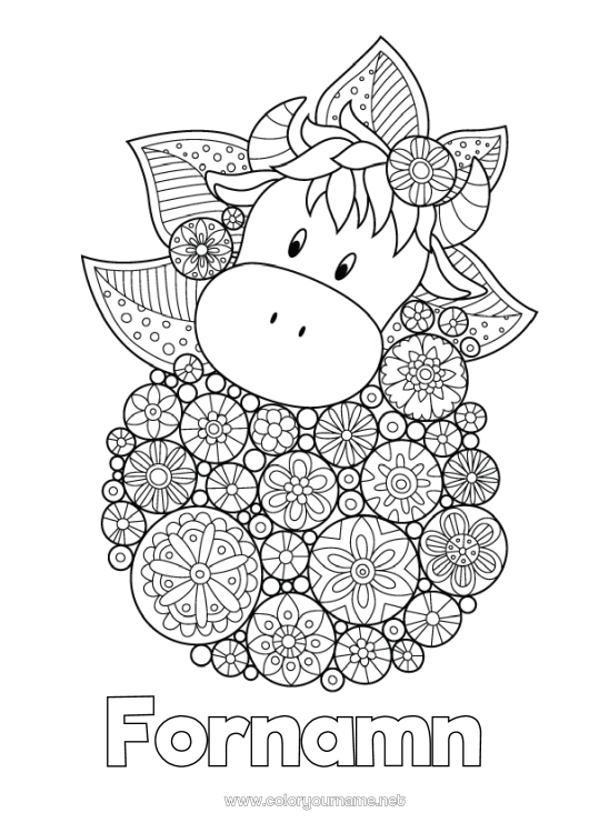 Färgläggningssida att skriva ut Blommor Mandala Vår Djur Ko Marguerite Komplexa målarbilder Gårdsdjur