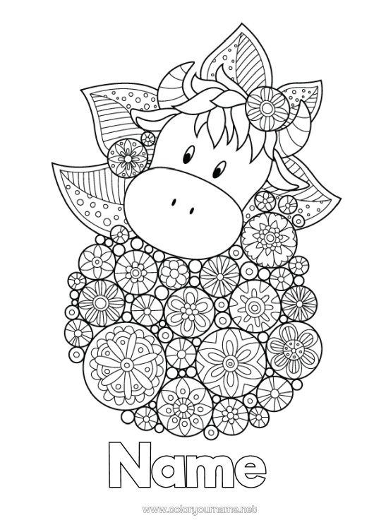 Colouring page to print Flowers Mandala Spring Animal Cow Daisy Complex Colouring Pages Farm Animals