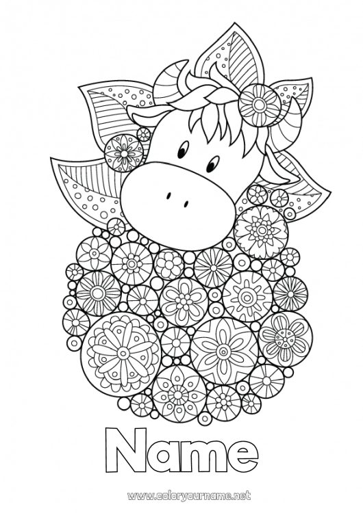 Coloring page to print Flowers Mandala Spring Animal Cow Daisy Complex coloring pages Farm animals