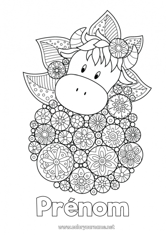 Coloriage à imprimer Fleurs Mandala Printemps Animal Vache Marguerite Coloriages complexes Animaux de la ferme