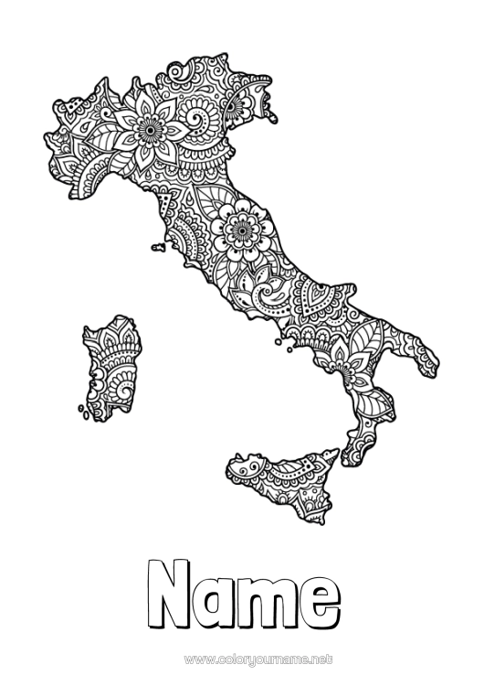 Colouring page to print Flowers Mandala Geography Italy Country Map Of Countries