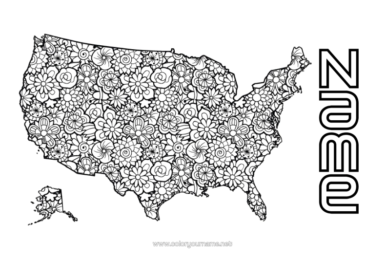 Colouring page to print Flowers Mandala United States Of America Complex Colouring Pages Country