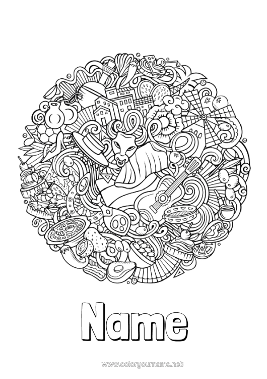 Colouring page to print Geography Spain Complex Colouring Pages Country Farm Animals Sombrero Bull