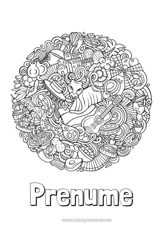 Pagină de colorat de imprimat Geografie Spania Desene de colorat complexe Țară Sombrero