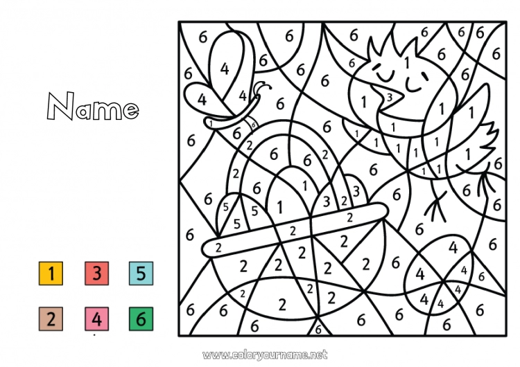 Coloring page to print Bird Chick Butterfly Coloring by numbers Children's activities Easter Basket Insects Flying birds and mammals Farm animals