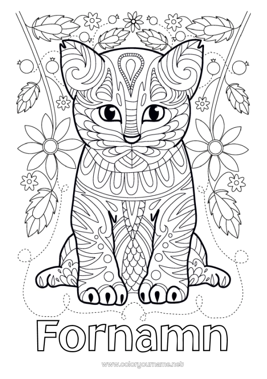 Färgläggningssida att skriva ut Söt Blommor Katt Mandala Djur Hundar och katter