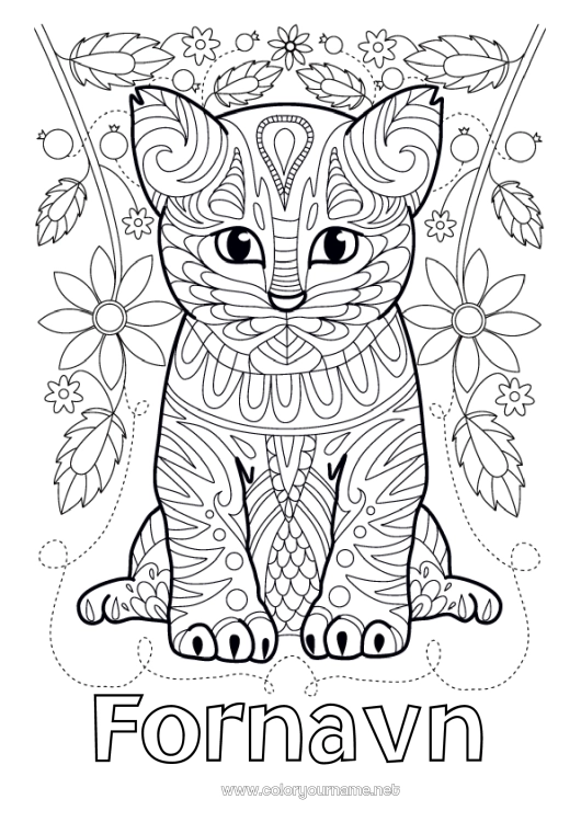 Fargeleggingssiden til utskrift Søt Blomster Katt Mandala Dyr Hunder og katter