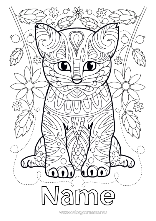 Colouring page to print Cute Flowers Cat Mandala Animal Dogs And Cats
