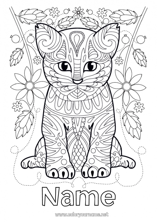 Coloring page to print Cute Flowers Cat Mandala Animal Dog and cat