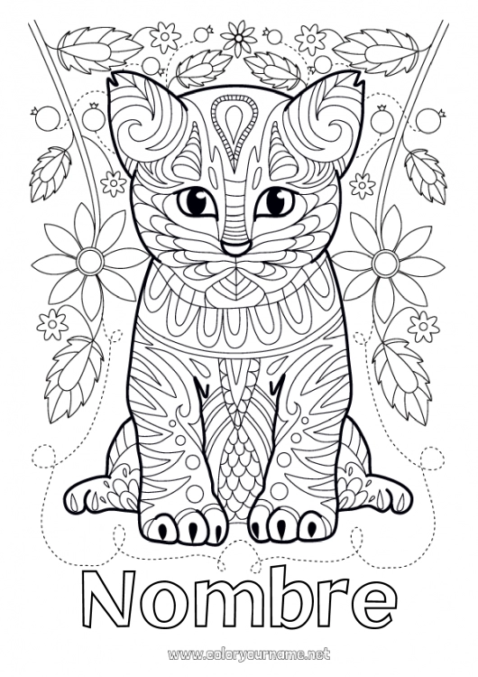 Dibujo para colorear para imprimir Lindo Flores Cat Mandala Animales Perros y gatos