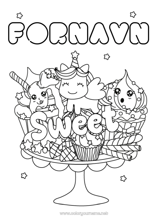 Farvelægningssiden til udskrivning Sød Kawaii Mad Slik, søde sager