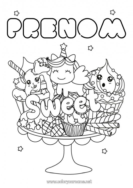 Coloriage à imprimer Mignon Kawaii Nourriture Gourmandises, sucreries