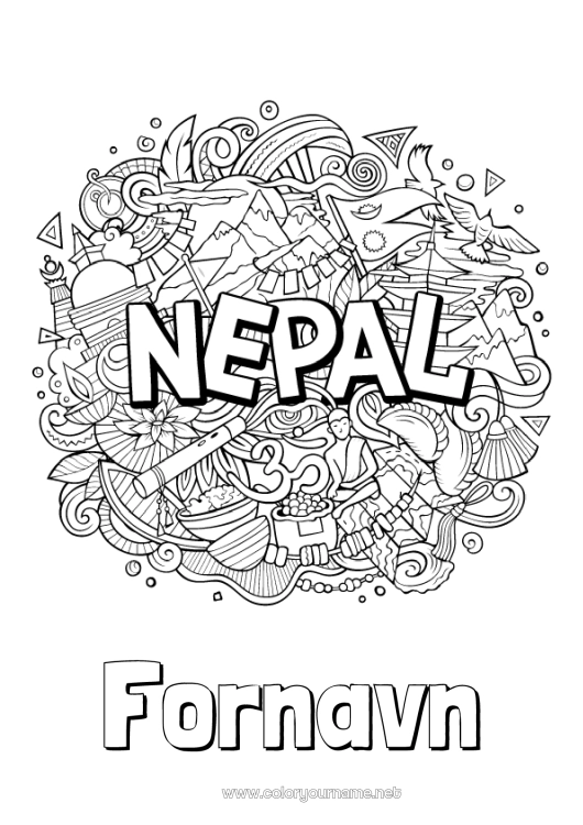 Fargeleggingssiden til utskrift Geografi Nepal Komplekse fargelegginger Land