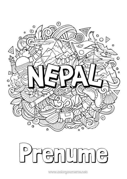 Pagină de colorat de imprimat Geografie Nepal Desene de colorat complexe Țară