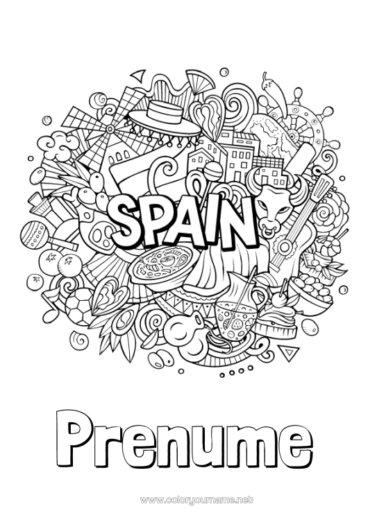 Pagină de colorat de imprimat Geografie Spania Desene de colorat complexe Țară Maracas Instrumente muzicale Sombrero