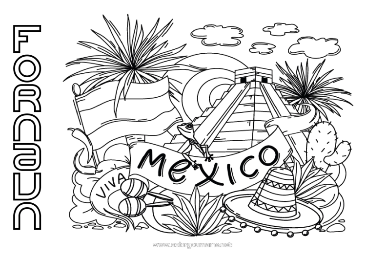 Fargeleggingssiden til utskrift Geografi Mexico Land Sombrero