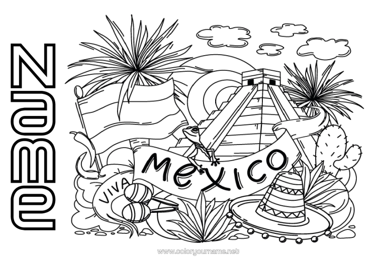 Colouring page to print Geography Mexico Country Sombrero