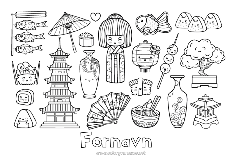 Fargeleggingssiden til utskrift Geografi Japan Land Sushi Ramen