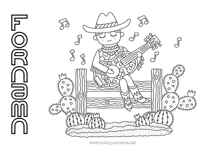 Färgläggningssida att skriva ut USA Kaktus Cowboy Land Vilda Västern Gitarr Musikinstrumenter