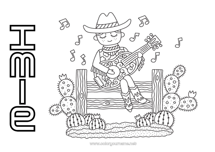 Kolorowanka do wydruku USA Kaktus Kowboj Kraj Dzikie Zachody Gitara Instrumenty muzyczne