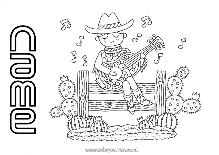 Coloring page to print USA Cactus Cowboy Country Far West Guitar Musical instruments