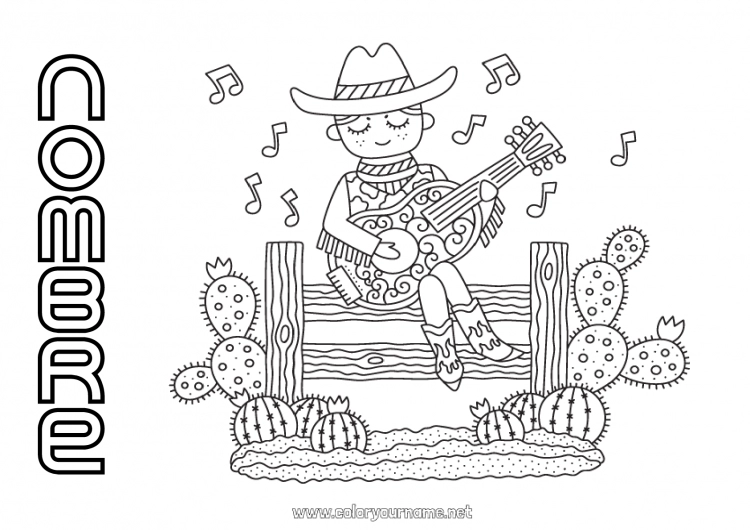 Dibujo para colorear para imprimir Estados Unidos Cactus Cowboy País Lejano Oeste Guitarra Instrumentos de música