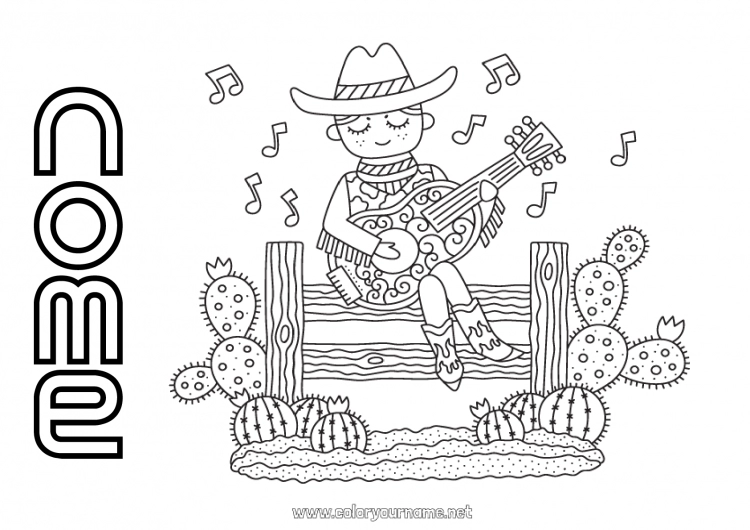 Pagina da colorare da stampare USA Cactus Cowboy Paesi Far West Chitarra Strumenti musicali