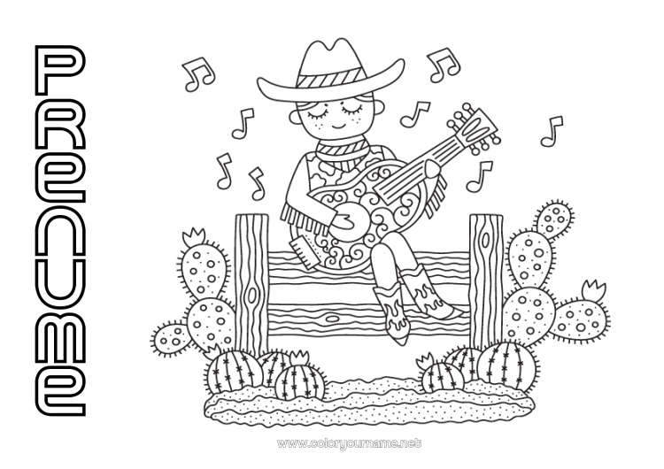 Pagină de colorat de imprimat SUA Cactus Cavaler Țară Vestul Sălbatic Chitară Instrumente muzicale
