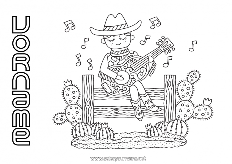 Malvorlage zum Ausdrucken USA Kaktus Cowboy Land Wildwest Gitarre Musikinstrumente