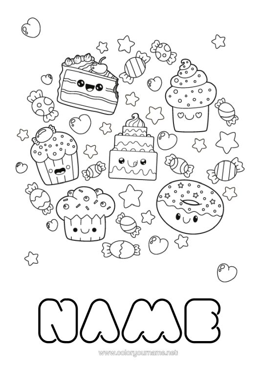 Colouring page to print Cute Cute Food Doughnuts Treats, Sweets