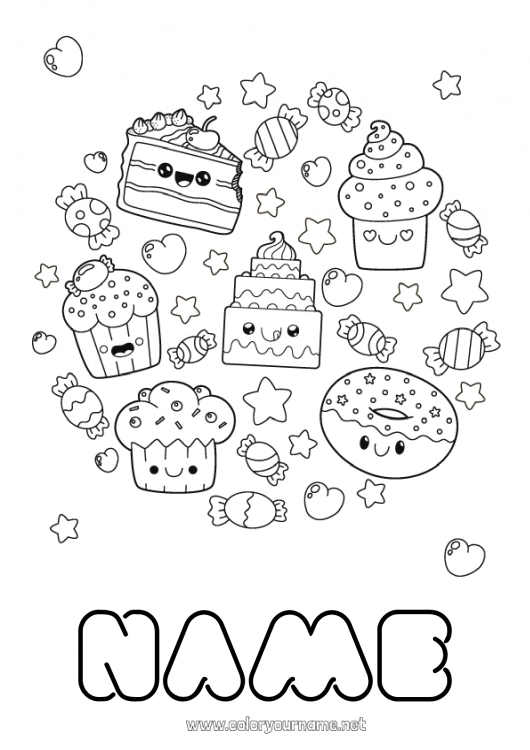 Coloring page to print Cute Kawaii Food Donuts Treats