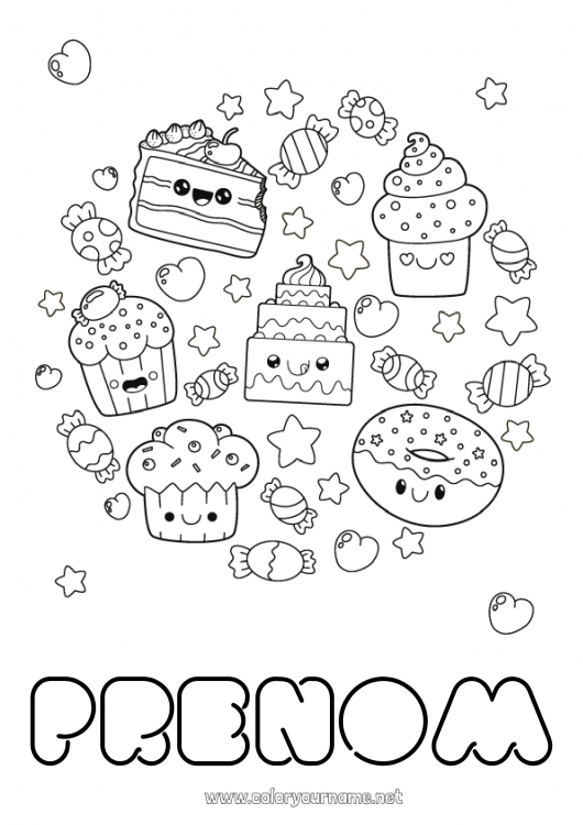 Coloriage à imprimer Mignon Kawaii Nourriture Donuts Gourmandises, sucreries