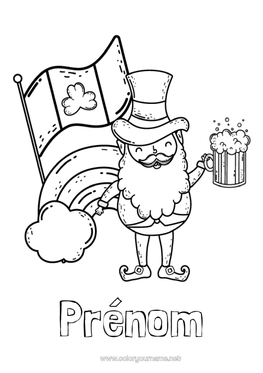 Coloriage à imprimer Irlande Fête de la Saint Patrick Leprechaun Pays