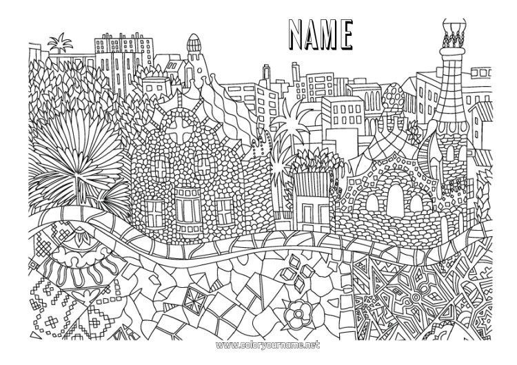 Coloring page to print Spain Complex coloring pages Country Barcelona